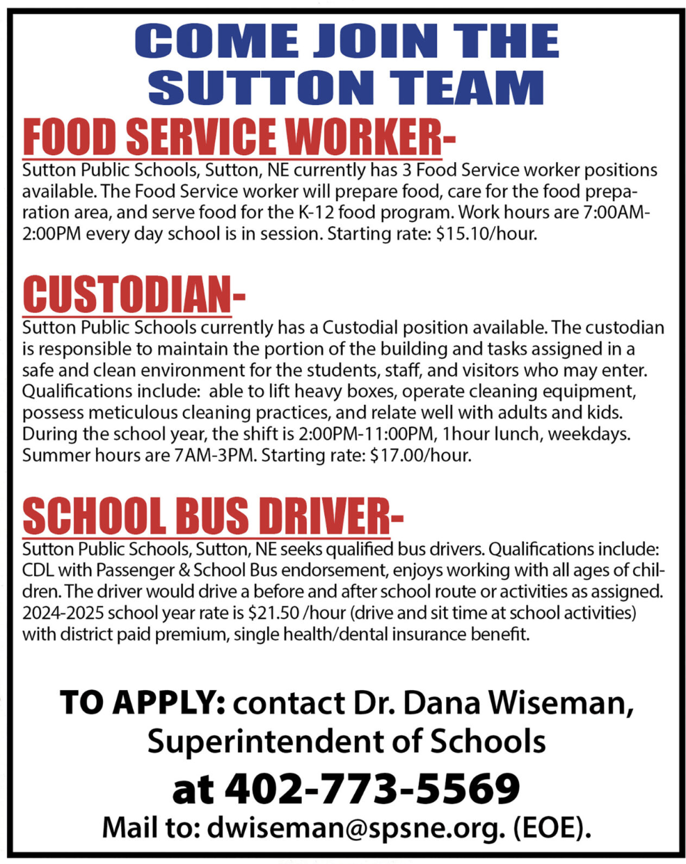 Help Wanted Food Service, Custodian, & Bus Driver