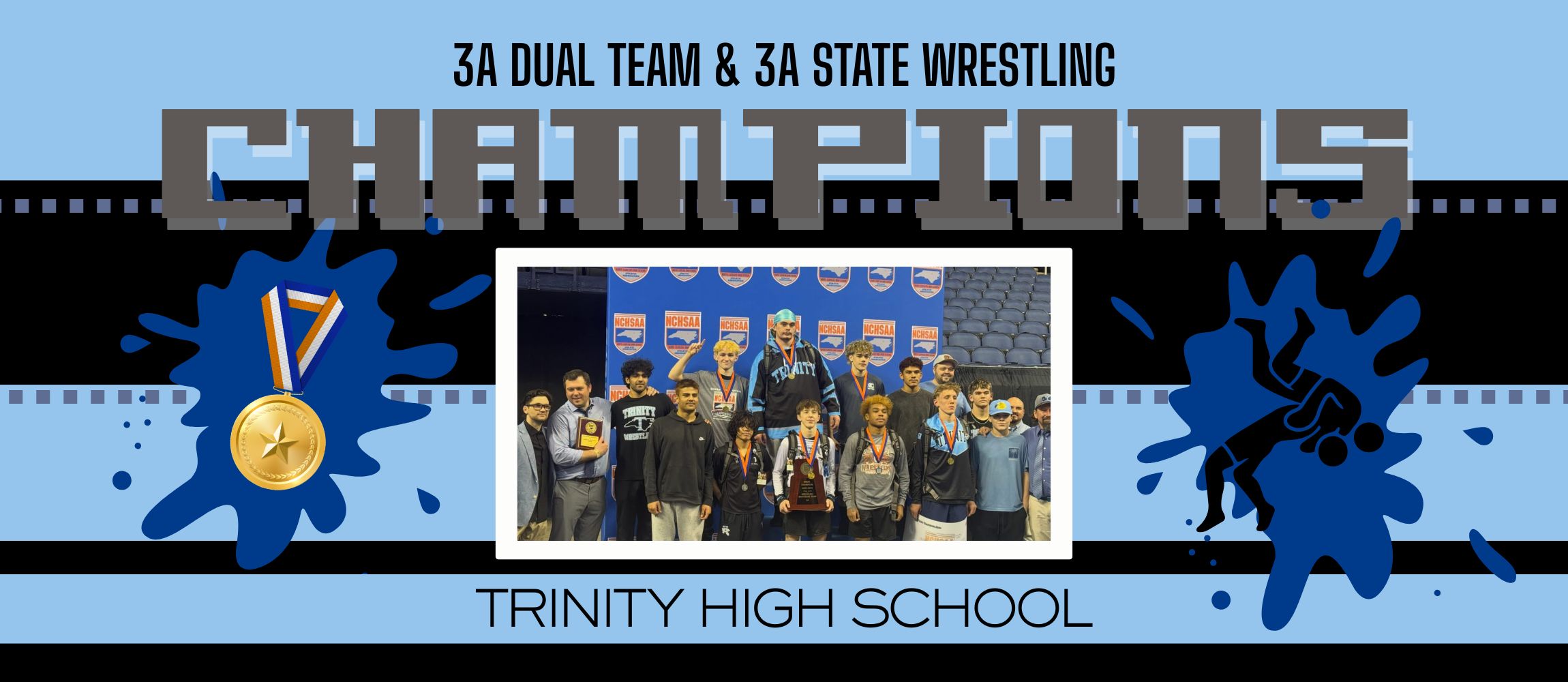 Trinity High School’s wrestling program delivered an unforgettable performance this February, capturing not one—but two—3A state titles in a dominant postseason run.  On February 17, competing at Wheatmore High School, Trinity secured the 3A Dual Team State Championship at the North Carolina High School Athletic Association playoffs. Just days later, from February 19–21 at the Greensboro Coliseum, the Bulldogs continued their momentum by claiming the 3A Individual Team State Championship, solidifying their place among the state’s elite programs.  This remarkable achievement reflects the hard work, determination, and unity of a talented group of student-athletes. Team members contributing to this championship season include Aiden Burkholder, Addam Bernal, Jeven Palmeri, Stephen Cross, Edgar Vasquez-Mora, Omega Edge, Hezekyah Matson, Simeon Hammett, Trent Walker, Gavin Schaefer, Kenedi Palmer, Haris Idrees, Anees Khan, Nolan Chanthalacksa, Grayson Carroll, JoJo Trahan, Ezekiel Martinez, and Na'gayle Carroll.  The success of the program is guided by Head Coach Brandon Coggins, alongside assistant coaches Marcus Sayers and Adam Walker, whose leadership and commitment have helped shape a culture of excellence. In recognition of his outstanding leadership, Coach Coggins was also named the NCHSAA 3A Coach of the Year.  Support from school leadership, including Principal Dr. Brian Toth and Athletic Director Robert Mitchell, has also played a key role in fostering an environment where student-athletes can thrive.  Trinity’s back-to-back championships are a testament to the team’s perseverance, skill, and Bulldog pride—an achievement that will be celebrated across the Randolph County School System.
