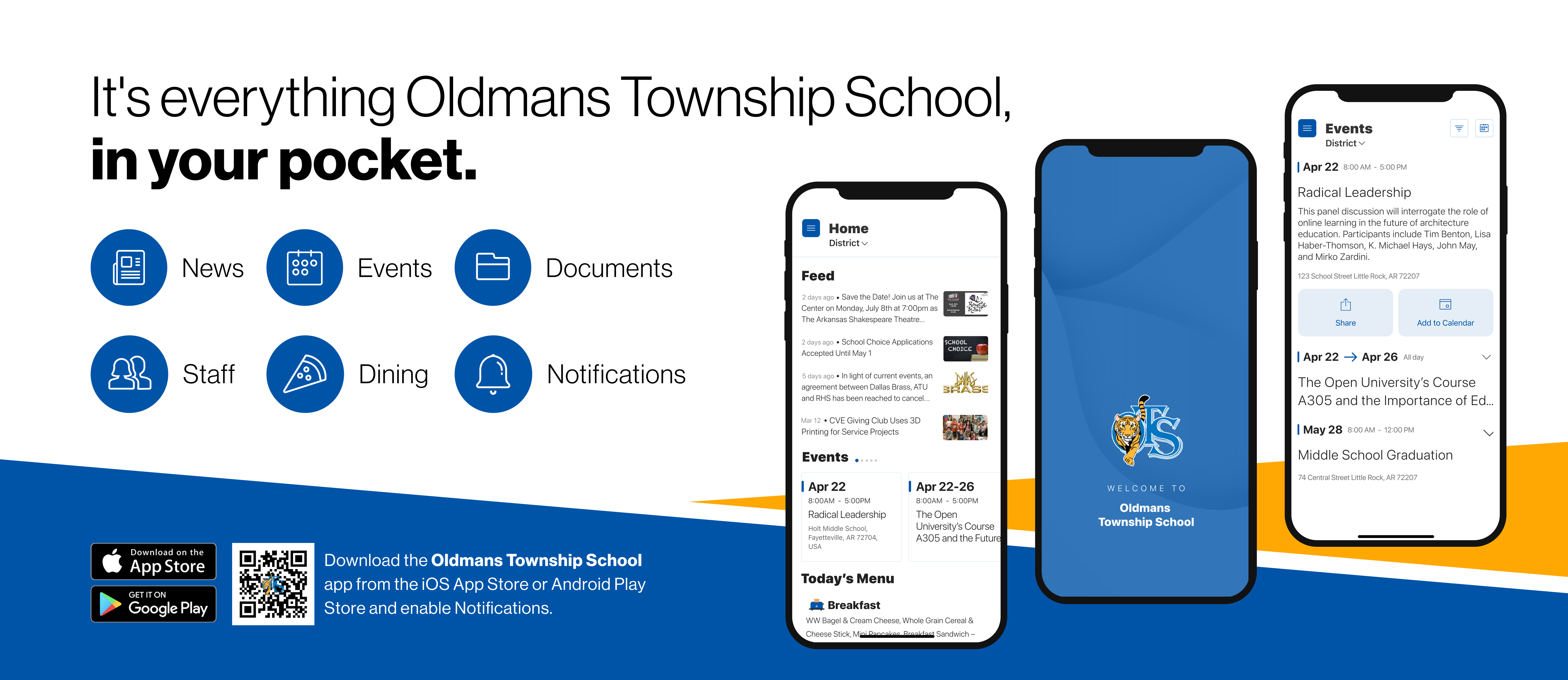 Three smartphones display different screens of the Oldmans Township School app. The phones showcase the app's interface, with the leftmost phone showing a news feed and events, the middle displaying the school's logo, and the rightmost an events calendar. Below the phones, text reads "Download the Oldmans Township School app from the iOS App Store or Android Play Store and enable notifications," accompanied by App Store and Google Play badges and QR codes.