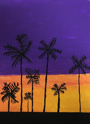 sunset and night painting with palms