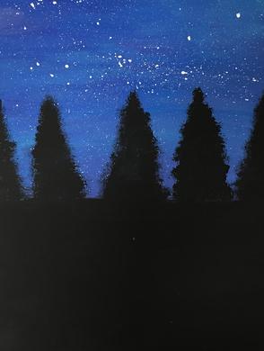 wood with pine trees at night painting 