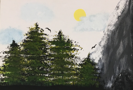 pine trees with mountain in a sunny day painting