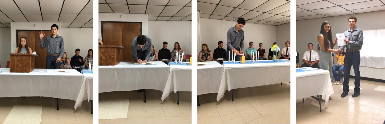 student signing, lighting the candles and receiving a diploma.