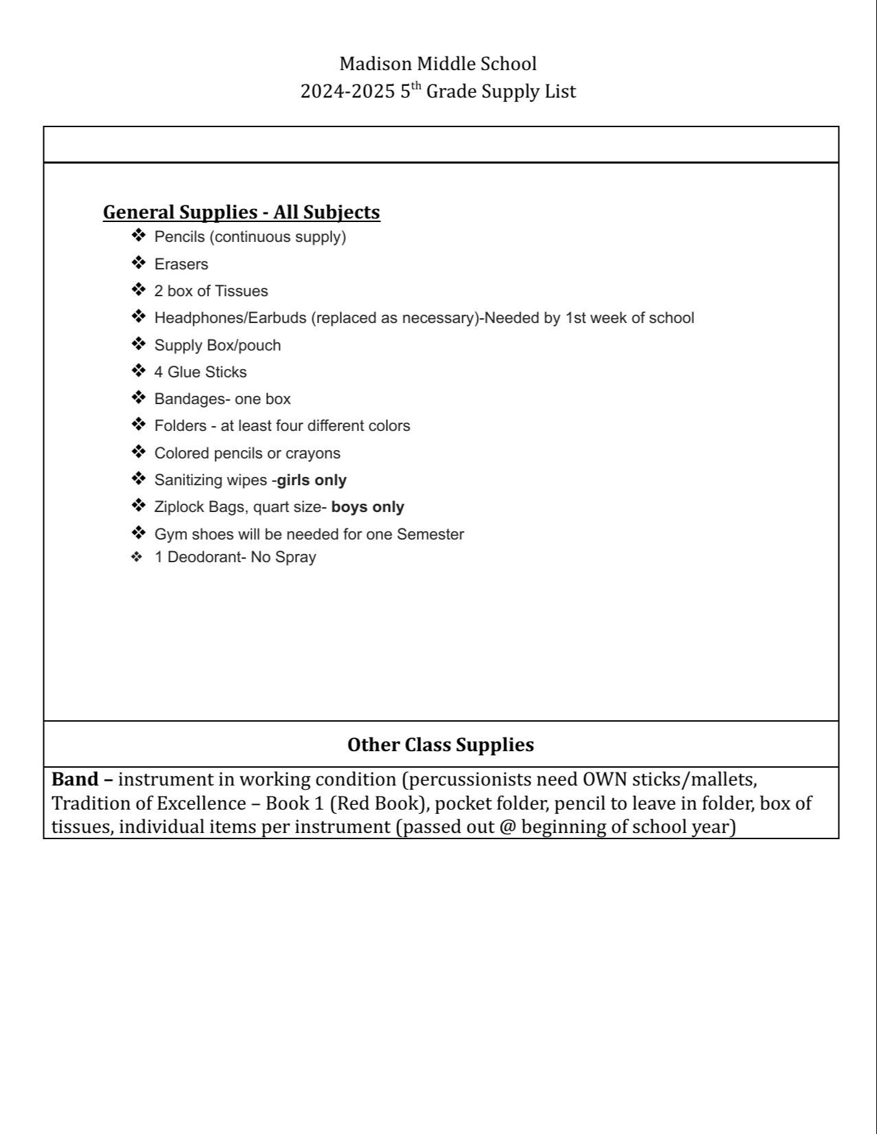 5th Grade Supply List