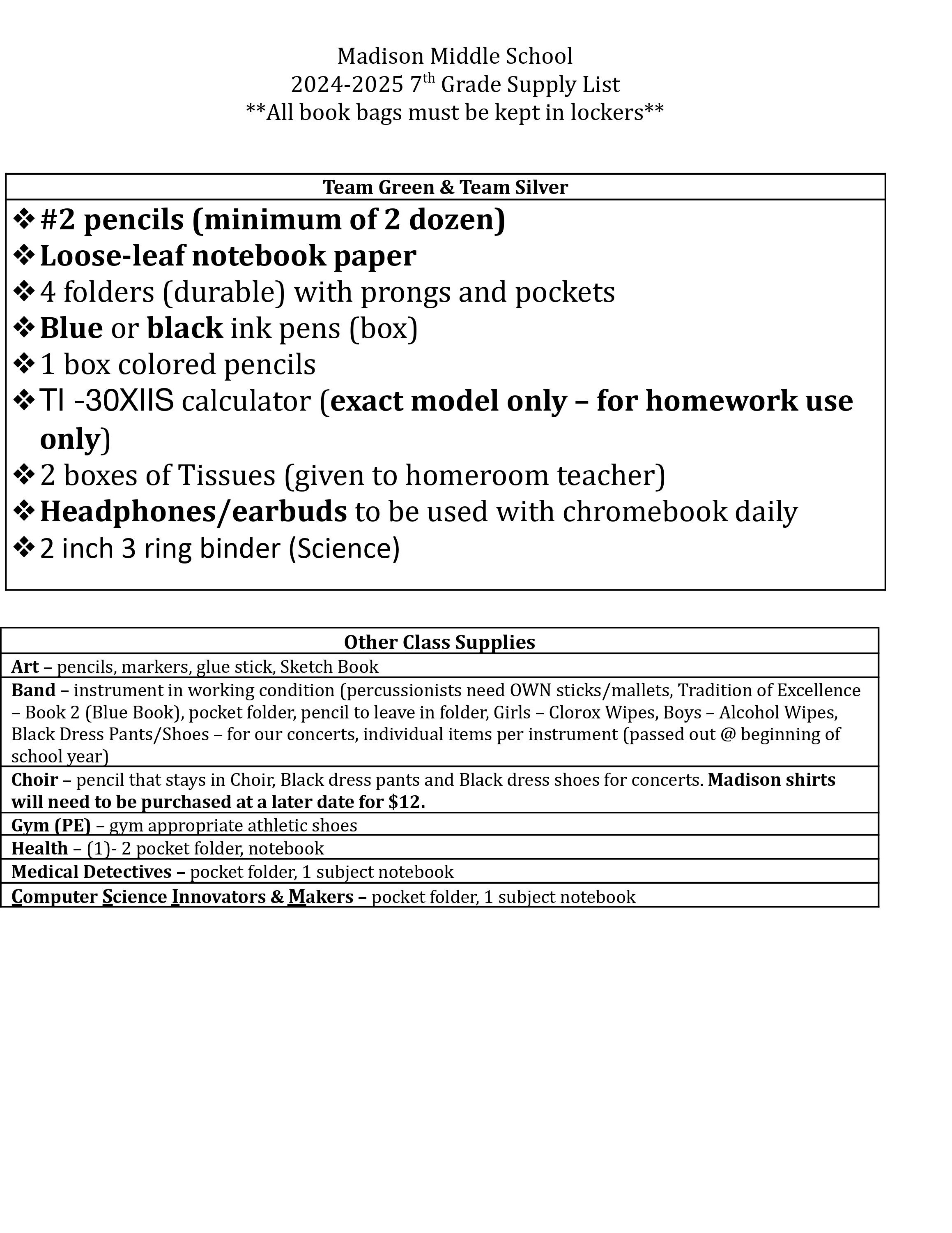 7th Grade Supply List