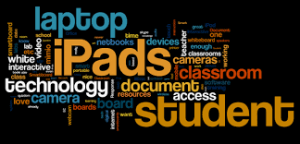 a word-cloud of tech-associated words, featuring the words "iPads, laptop, and student" prominently