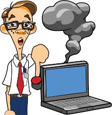 cartoon of a computer tech pushing a red button and smoke is coming out of the top of the laptop