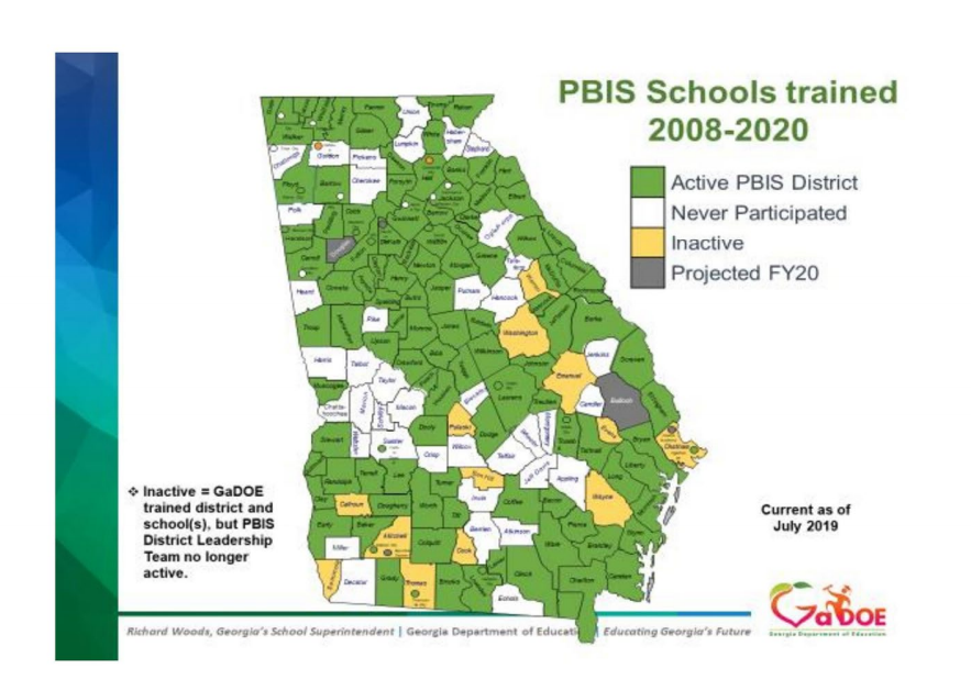 PBIS Schools Trained 2008-2020. Four types of colors denoting if the district is trained, and a map of Georgia that shows the counties colored.