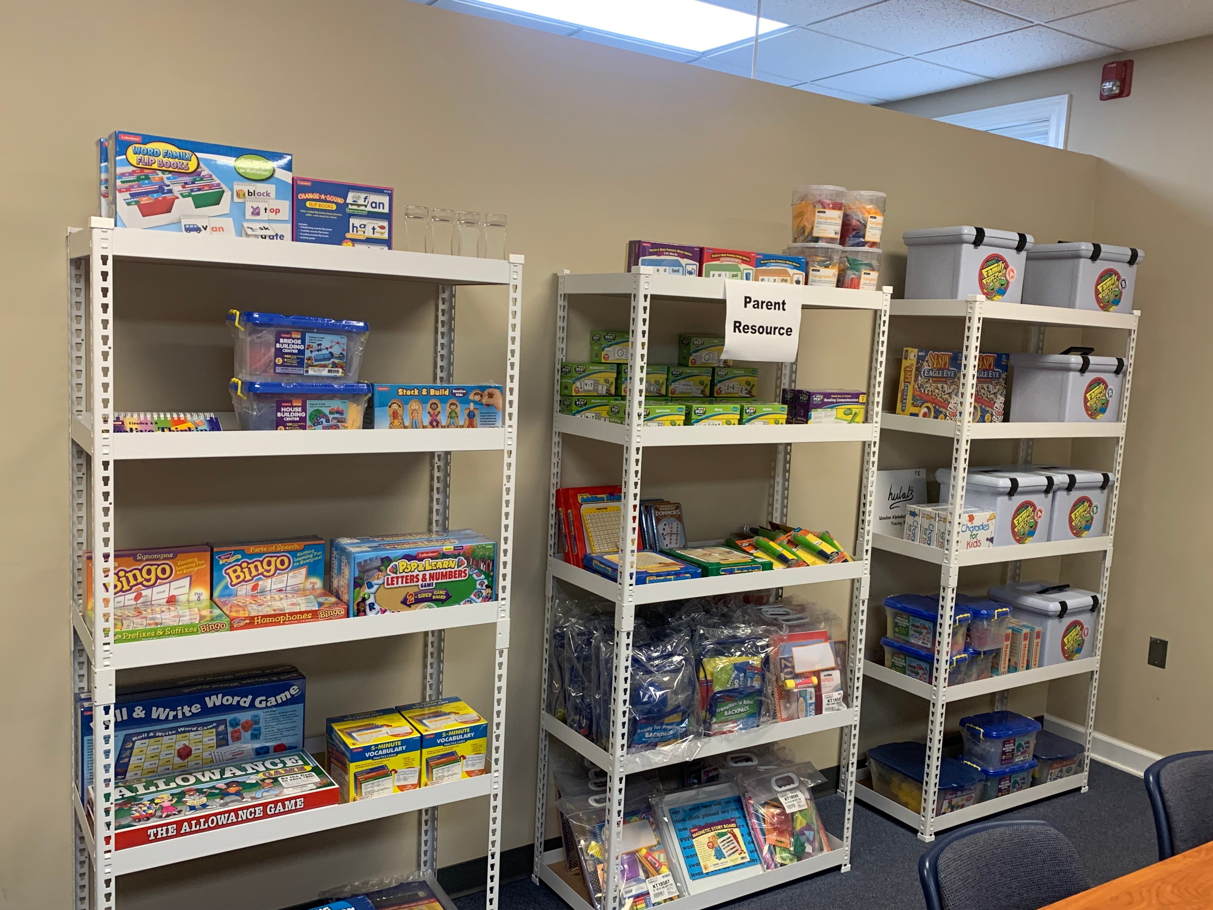 shelves stocked with parent resources