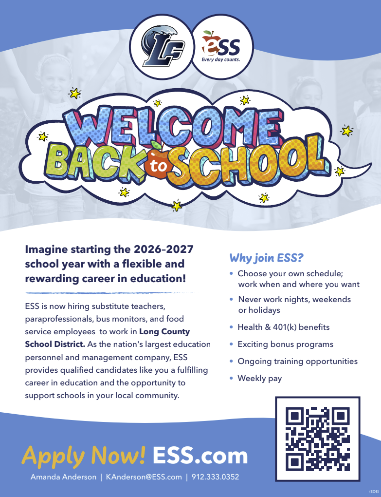 Flyer announcing employment opportunities with ESS for Long County School District. Hiring substitute teachers, paraprofessionals, bus monitors, and food service staff. Includes details on benefits, flexible schedules, weekly pay, and contact information for Amanda Anderson.