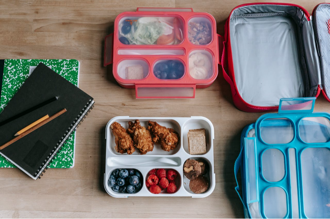 lunchbox, food, and journal