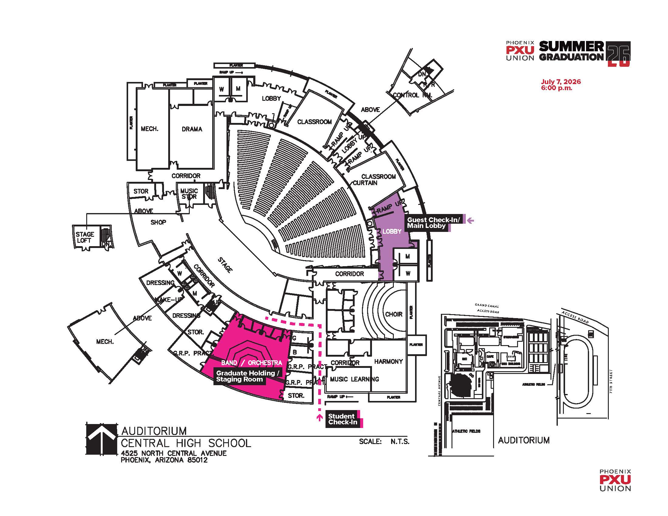 Floor plan of the Central High School auditorium. Sections are marked in pink, and other areas are gray.
