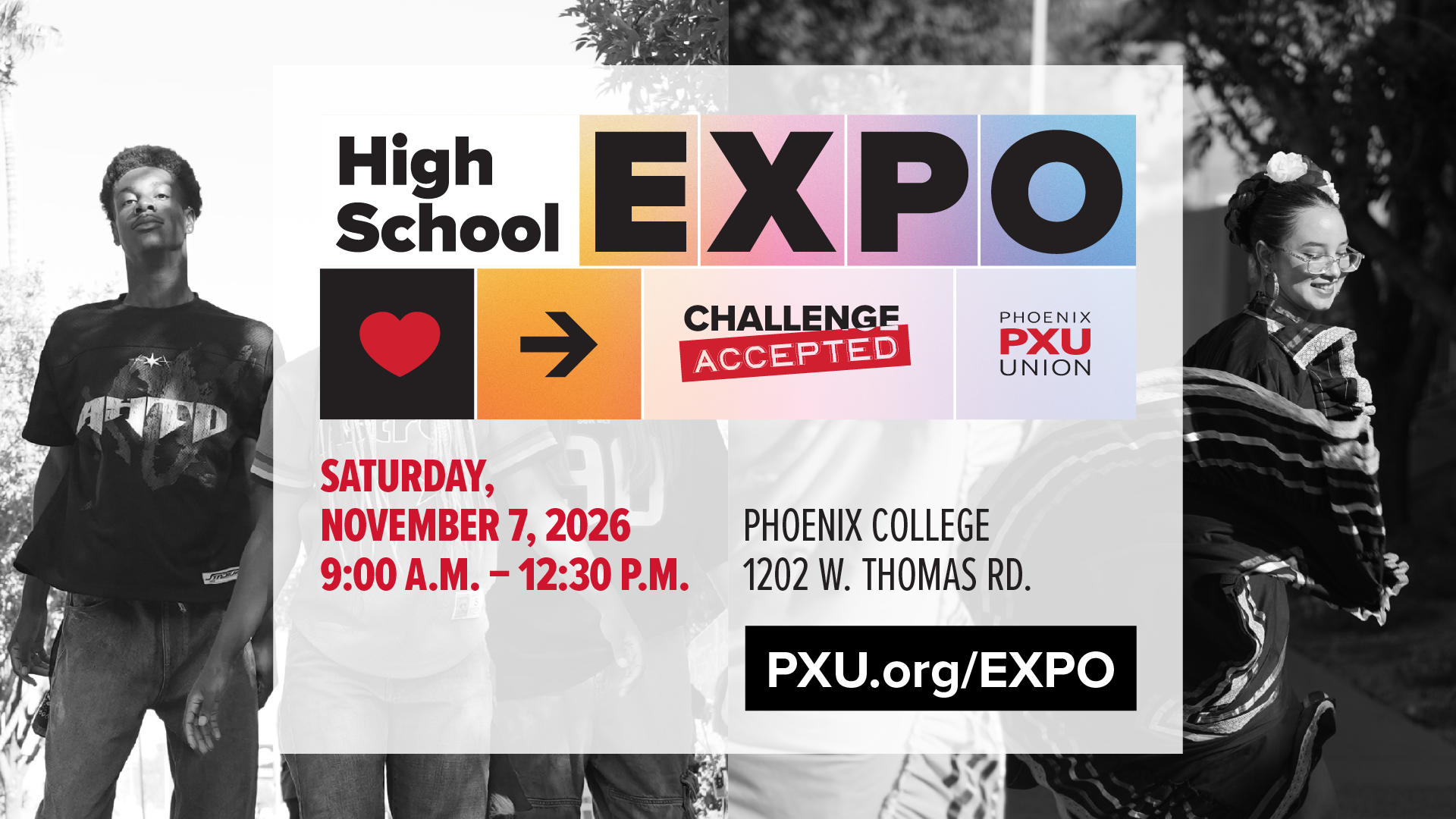 A sign for a high school expo reads "High School Expo" with a heart and arrow. Two people walk, one wearing glasses, the other in a shawl.