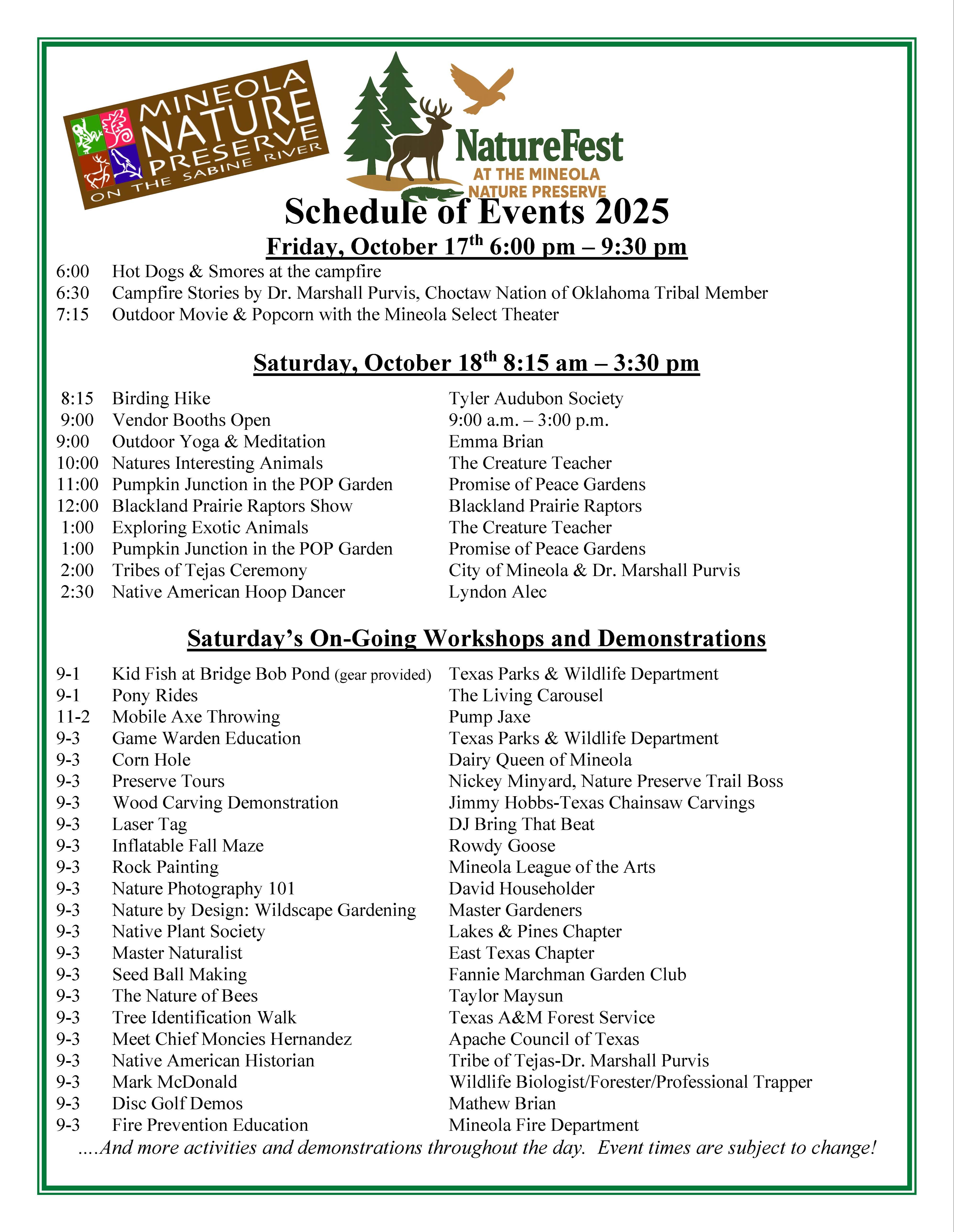NatureFest Schedule of Events
