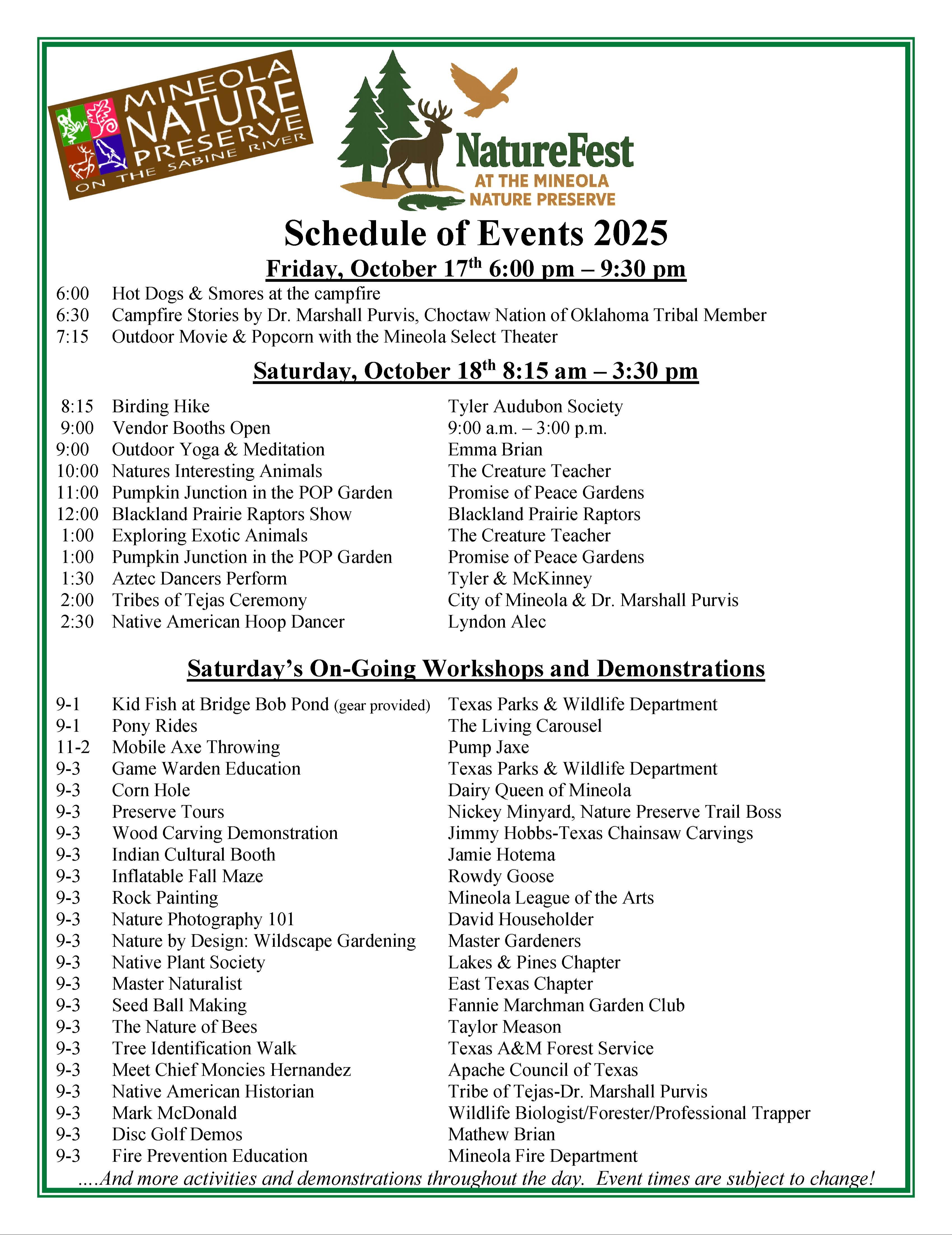 NatureFest Schedule of Events