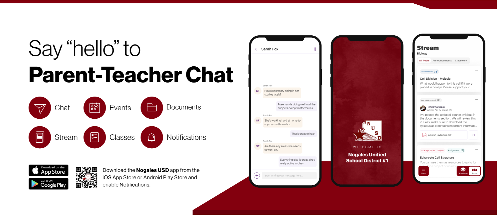 “Say hello to Parent-Teacher chat in the new Rooms app. Download the (school name) app in the Google Play or Apple App store.”