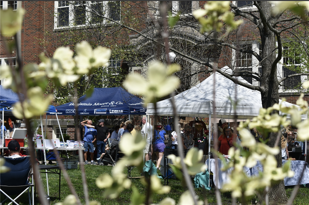 A picture of tents set up through some flowers