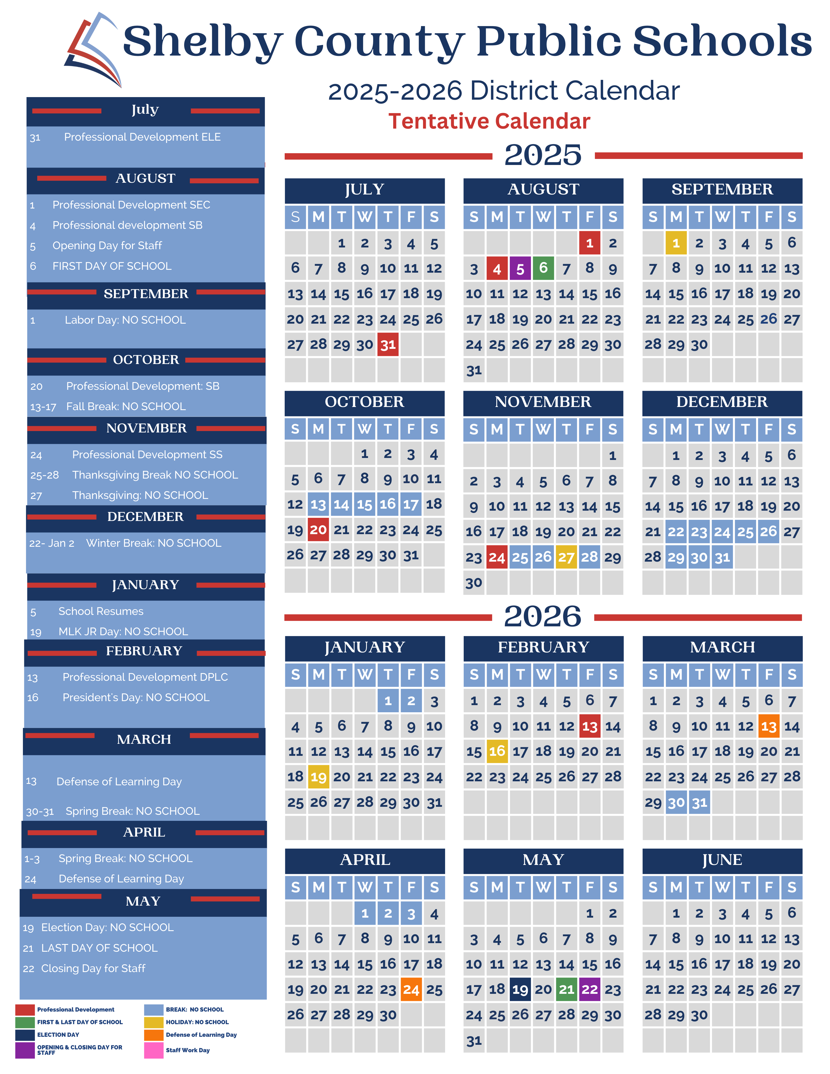 2025 2026 TENTATIVE CALENDAR Shelby County Public Schools