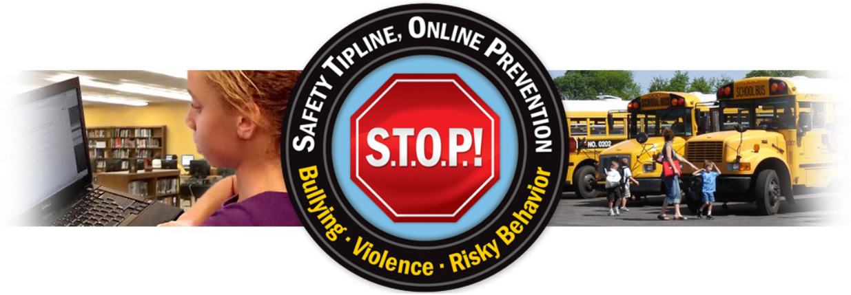 A Safety Tipline Online Prevention stop sign logo with decorative image behind of a student using a laptop, and students walking to a bus.