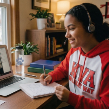 girl wearing headphones sitting at desk at home writing in notebook and communicating with classmates remotely on computer