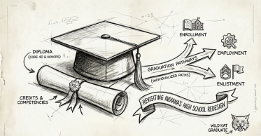 sketch of graduation cap and diploma with arrows leading to readiness graduation seals