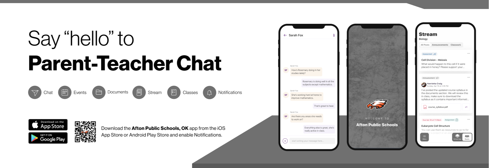 Say hello to Parent-Teacher chat in the new Rooms app. Download the Afton Public Schools app in the Google Play or Apple App store