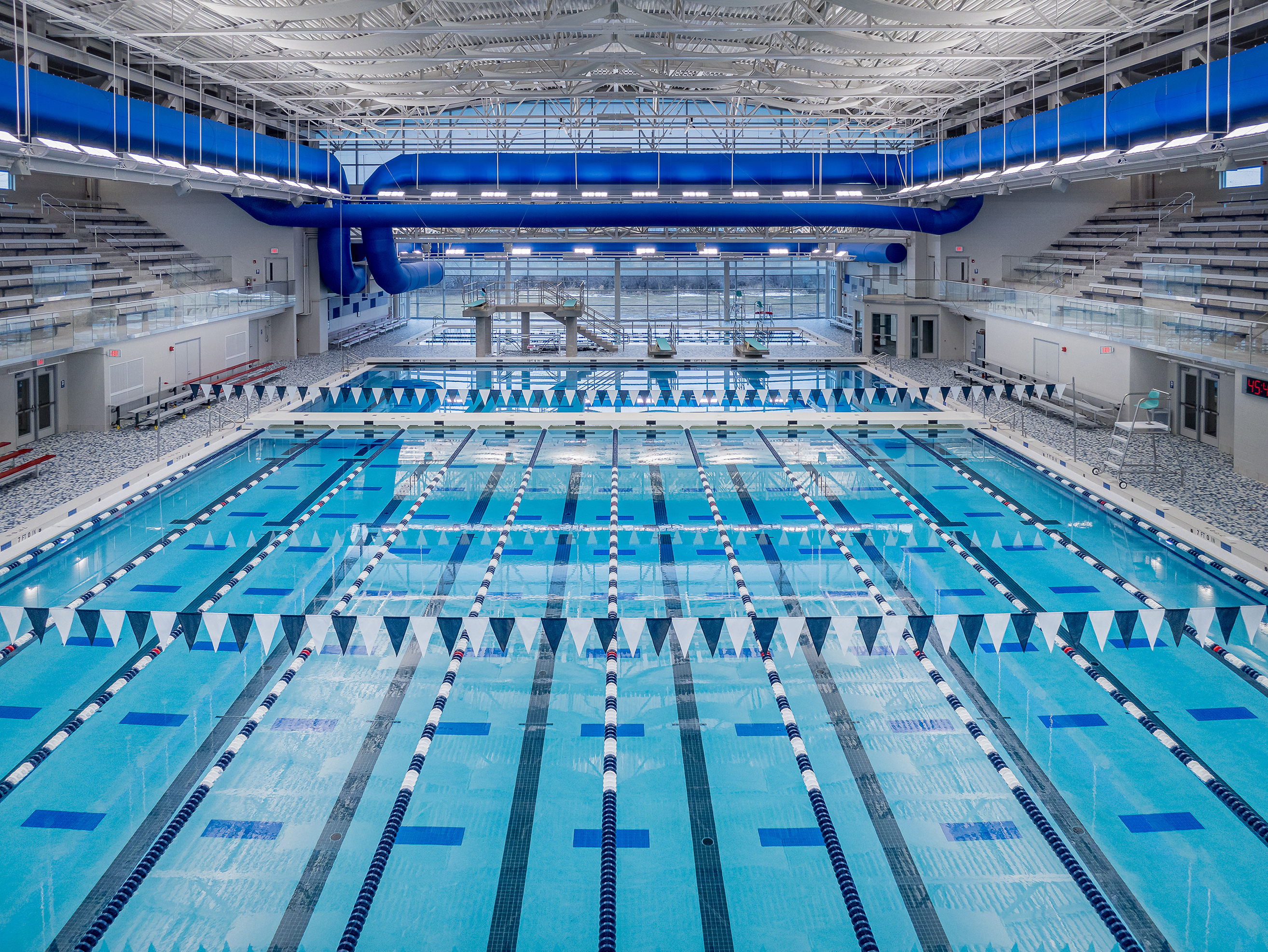 Overhead view of the RUSD Aquatic Center main pool