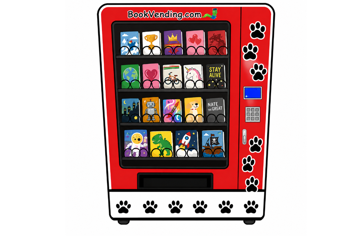**Short Alt Text (For screen readers / web use)**  An illustration of a red bright-red book vending machine decorated with black paw prints. The display window features four shelves stocked with various colorful children's books, with the text "BookVending.com" and a bookworm mascot logo at the top.  ---  **Detailed Long Description (For full accessibility context)**  **Overall Machine Design**  * **Header:** White text reading "BookVending.com" next to a mascot logo of a green bookworm wearing a graduation cap and reading a book. * **Body:** Bright red cabinet decorated with black-and-white paw prints scattered down the right side and along the bottom white base panel. * **Control Panel:** Located on the right side, featuring a small blue screen, a metallic key pad, and a silver coin/key slot.  **Shelved Book Displays (Top to Bottom)**  * **Row 1:** * Blue cover with snowy mountains and sailboats * Yellow cover with a golden trophy * Purple cover with a crown and ribbon * Pink cover with floating red hearts * Red cover with a dragon silhouette   * **Row 2:** * Green cover with planet Earth * Pink cover with a large red heart * White cover with a bicycle * White cover with a unicorn illustration * Black cover titled "STAY ALIVE" surrounded by yellow stars   * **Row 3:** * Dark blue cover with a city skyline under a crescent moon * Orange cover with a friendly grey robot * Colorful cover with a paintbrush splashing paint * Yellow cover with a smiling golden dog * Grey cover titled "NATE THE GREAT"   * **Row 4:** * Blue cover with a cartoon astronaut in space * Yellow cover with a green T-Rex dinosaur * Blue cover with a space rocket launching into clouds * Blue cover with a pirate ship floating on water