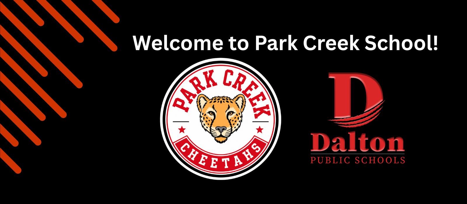 Website banner: black with Park Creek Cheetah logo. Says Welcome to Park Creek!
