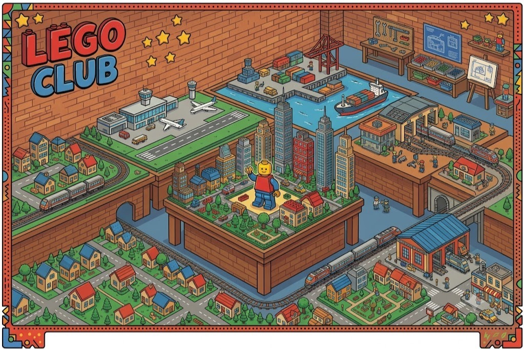 a lego city with a lego man in the middle