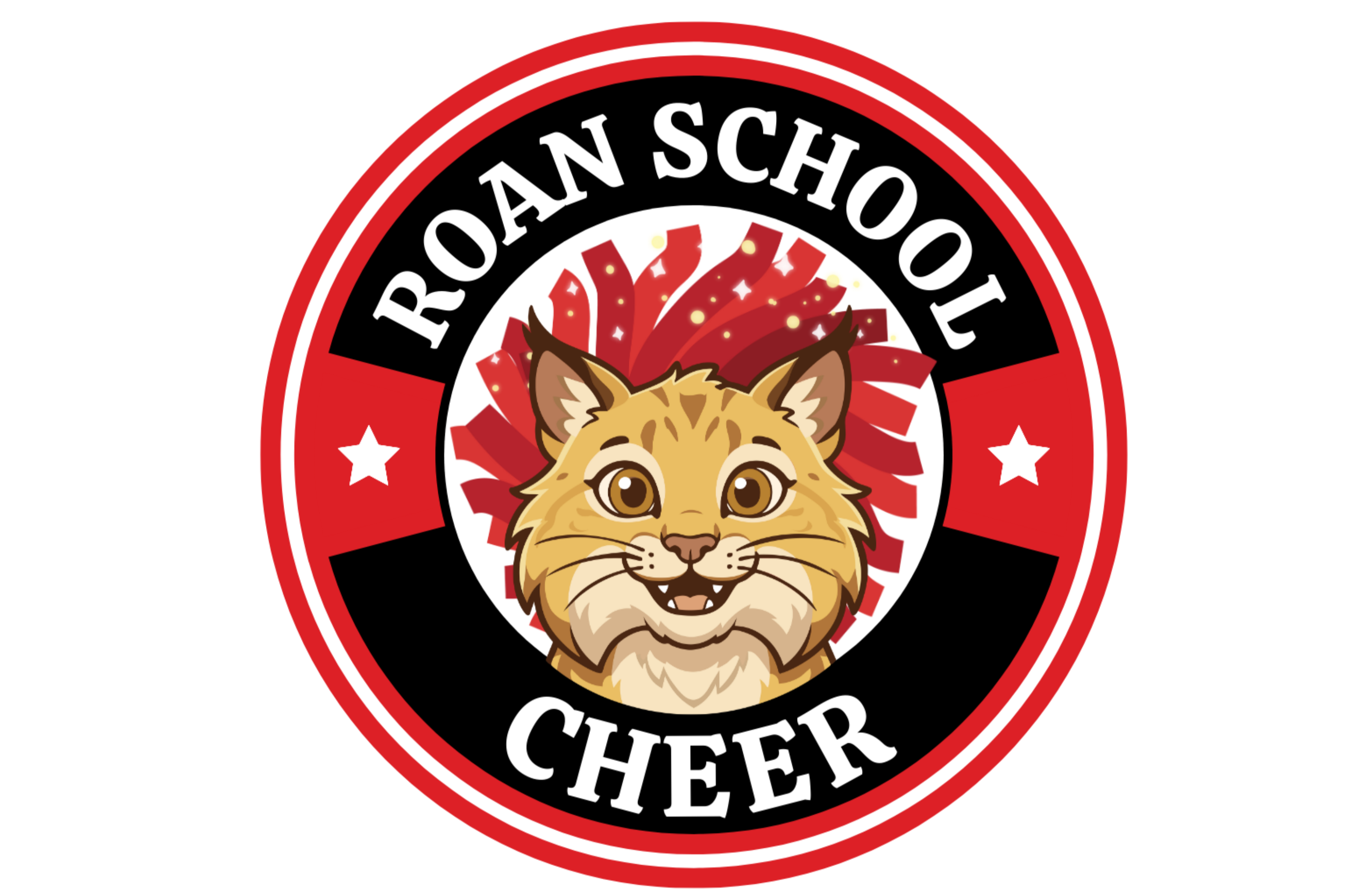 cartoon bobcat with pom pom behind and Roan School Cheer written around it