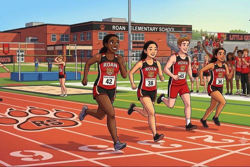 4 students running on a track
