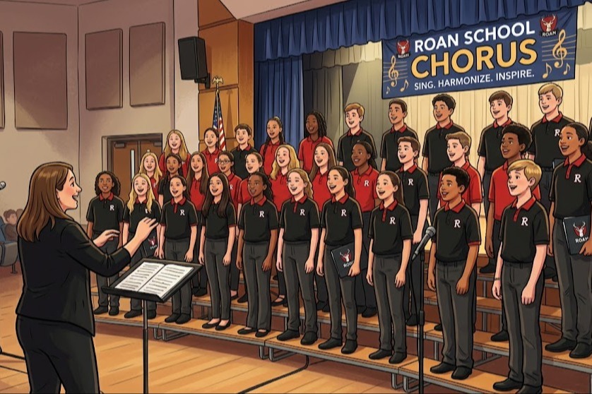 students singing on a stage with a teacher directing them