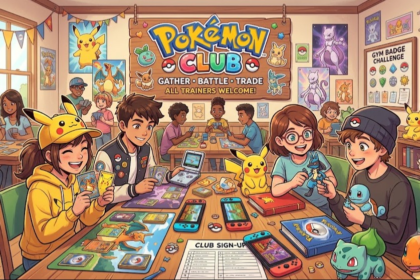 Students in a classroom trading Pokemon cards and playing Pokemon games on devices