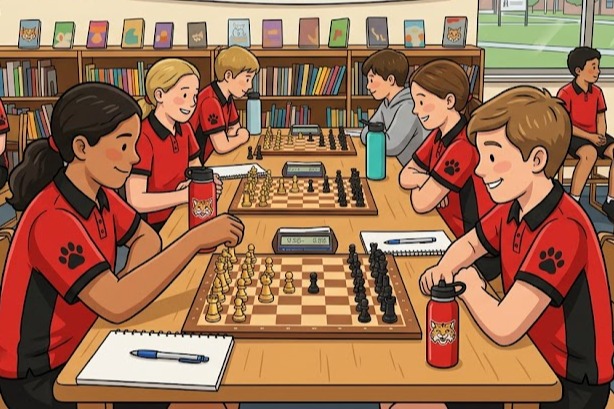 3 sets of students playing chess at a table