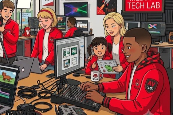 Student at a computer and other students at the table doing tech work