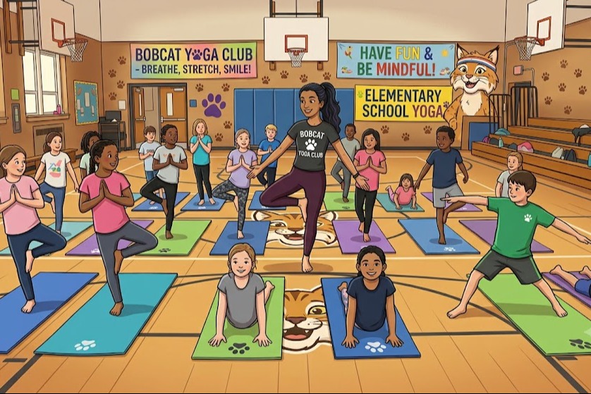 Students doing yoga in a gym with a teacher