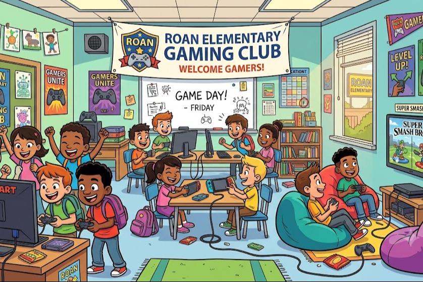 a cartoon image of students playing video games in a classroom