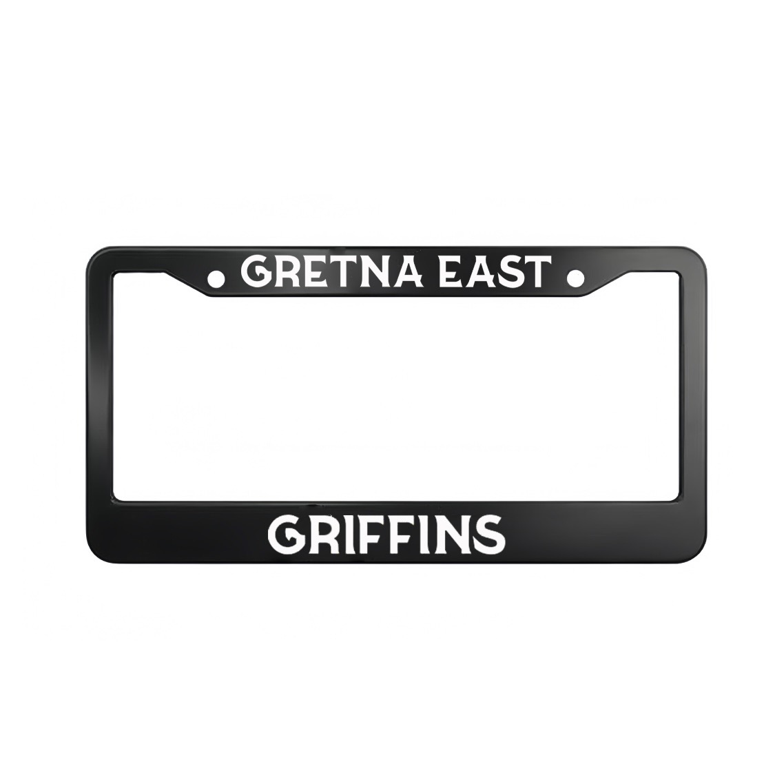 Black and White License Plate that says "Gretna East" on the top and "Griffins" on the bottom