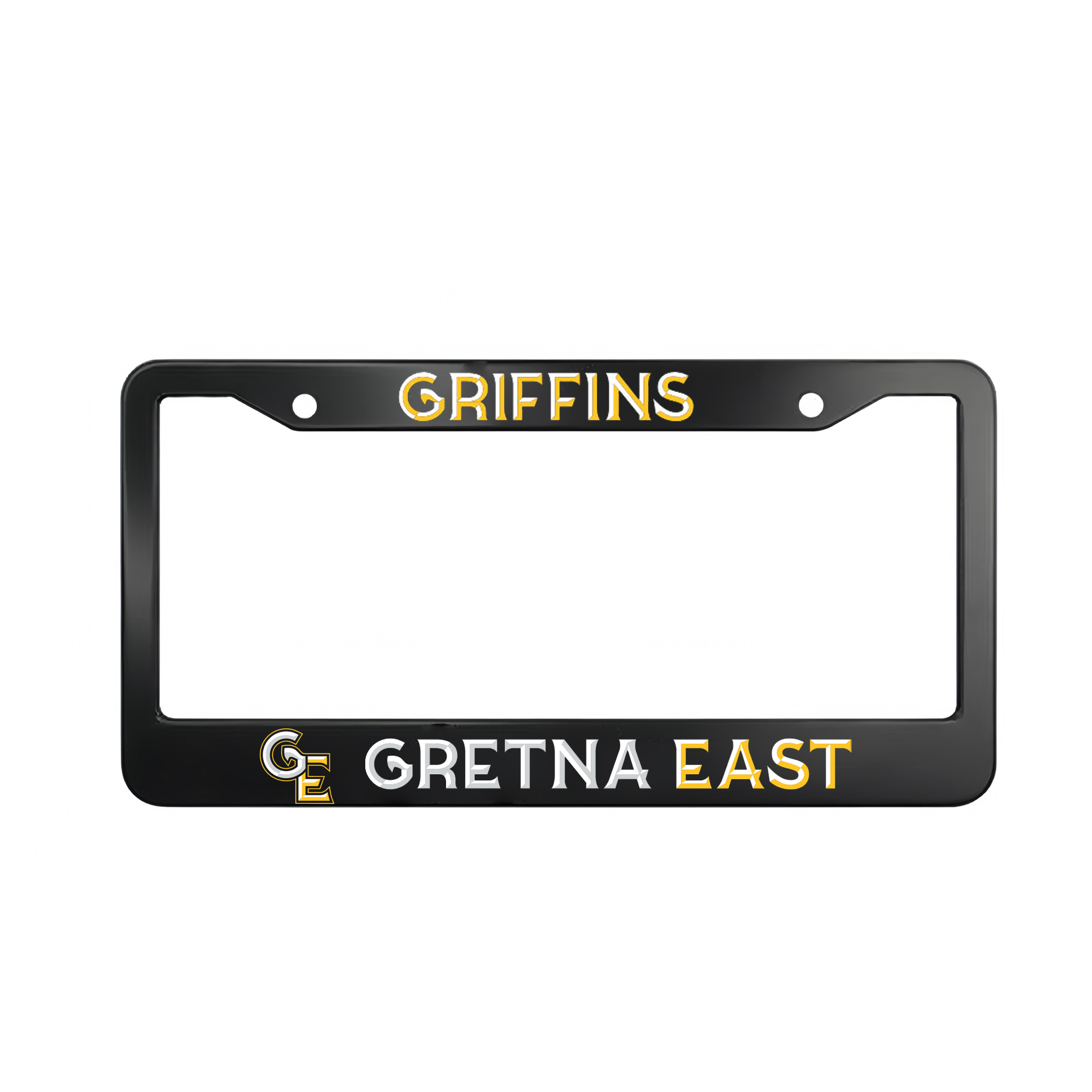 A black license plate cover that says "Griffins" in gold on top and then "Gretna East" in white and gold on bottom with the GE symbol