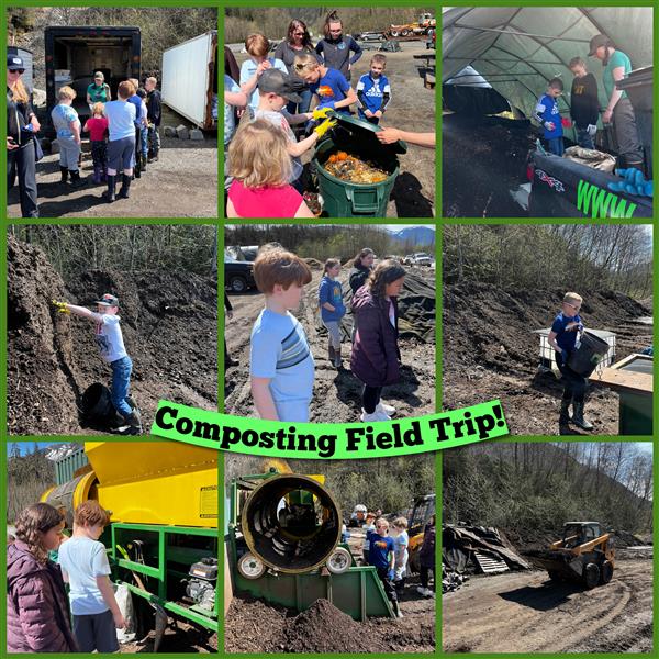 A collage of people working in a composting field trip, learning about sustainable practices and environmental conservation.