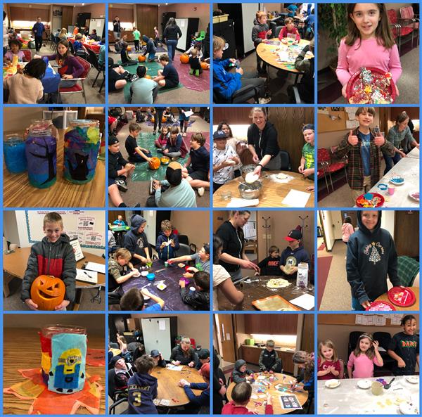 A Halloween party collage featuring children dressed in costumes, enjoying festive activities and decorations.