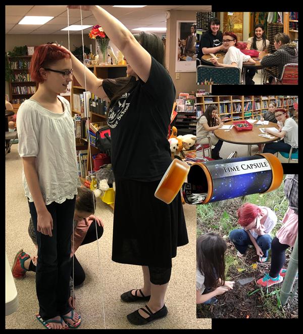 A classroom collage featuring students and a woman holding a tube, engaged in educational activities.