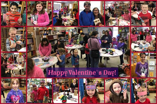 A mix of kids and adults enjoying books and activities in a library setting.