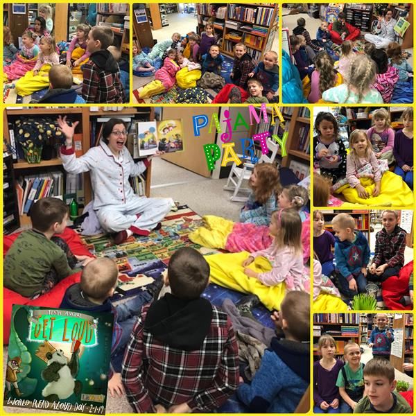 A collage of children reading books in a library, surrounded by shelves filled with colorful books.