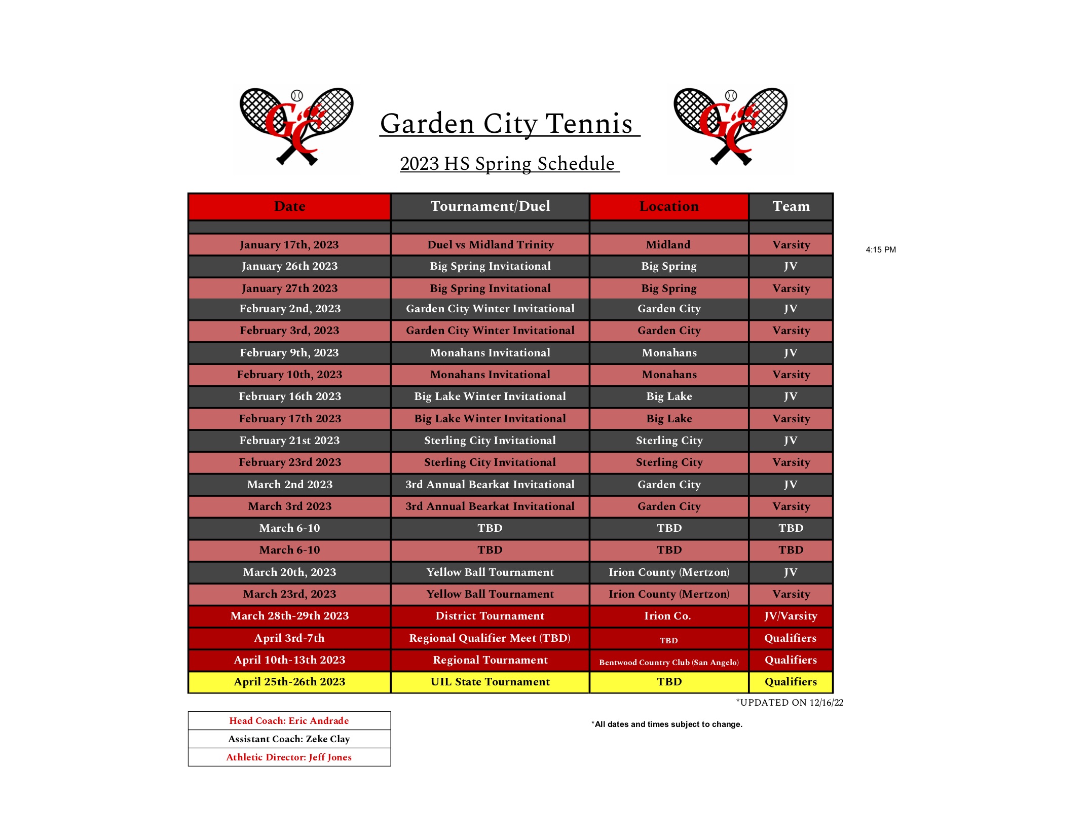 2023 Spring Schedule