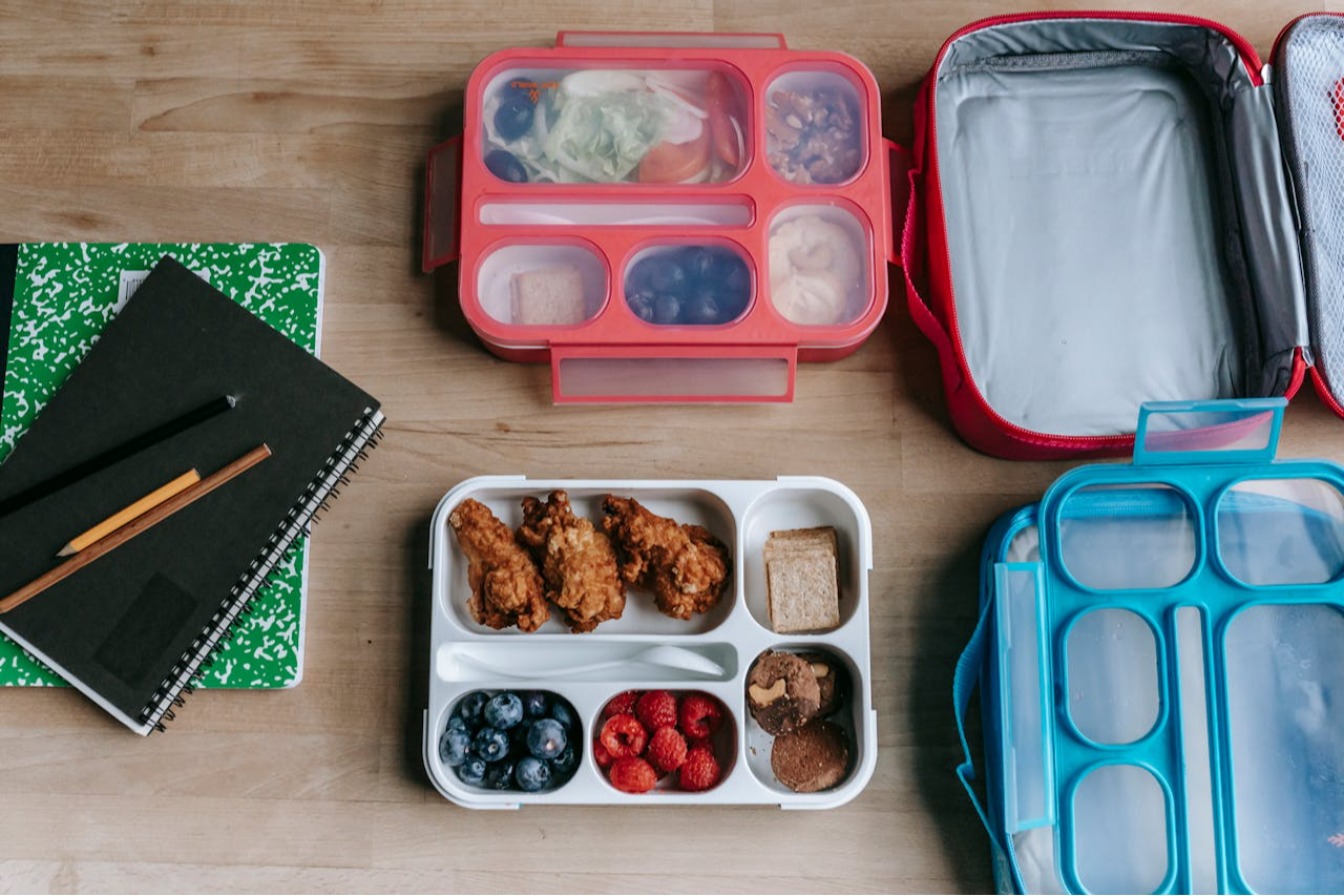 notebook, lunch box, and food