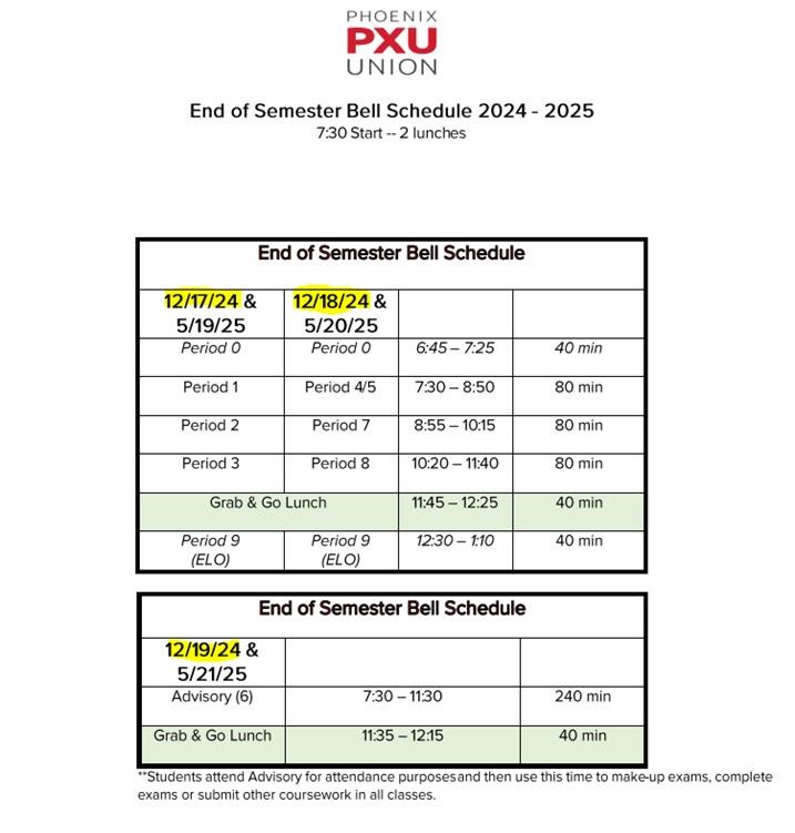 Finals week schedule