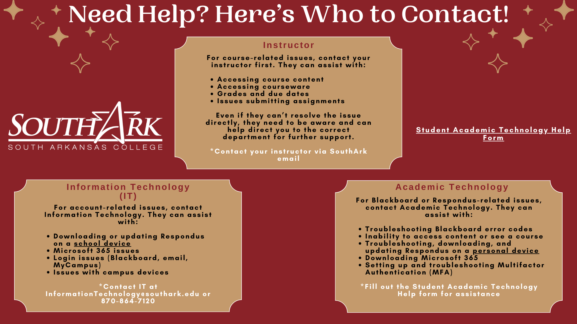 Graphic detailing who to contact in different situations at SouthArk.