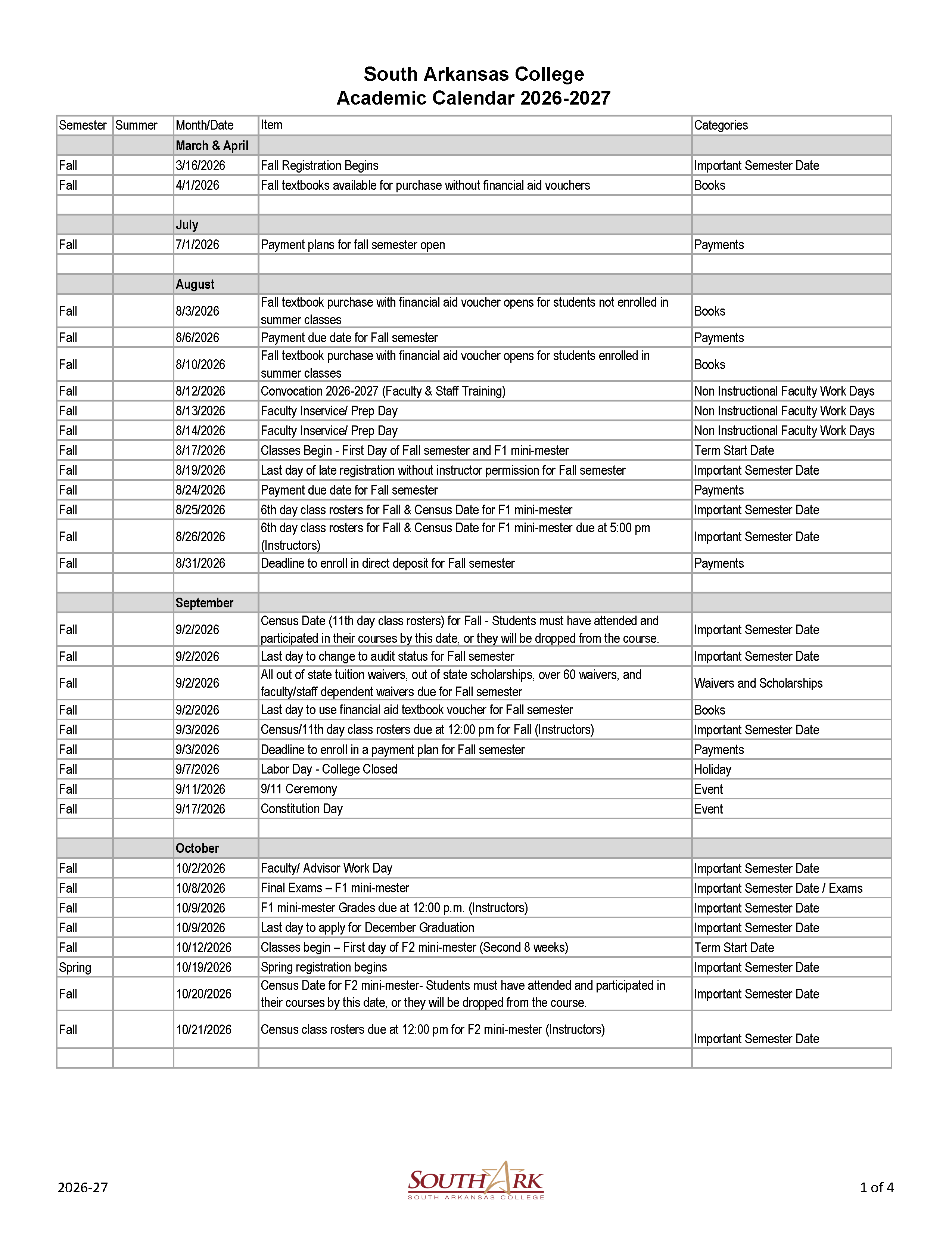 Academic Calendar 2026-2027 | South Arkansas College